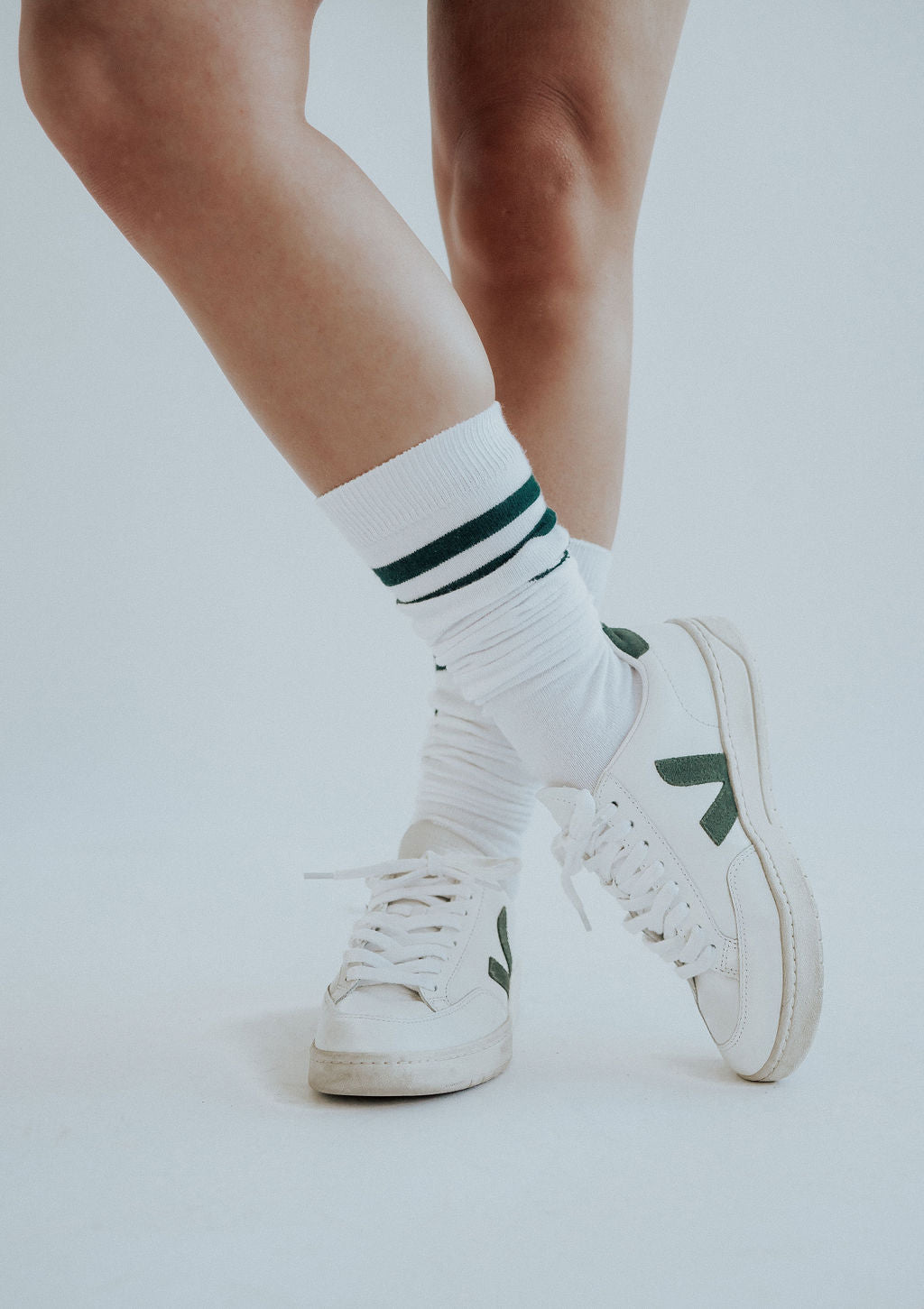 The Shane Knee High Socks - White/Green Stripes
